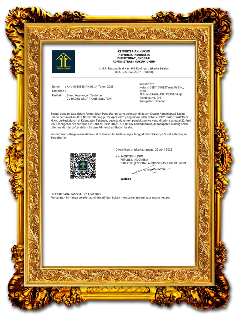 Lembar Pengesahan Resmi CV Raden Grup Trans Solution